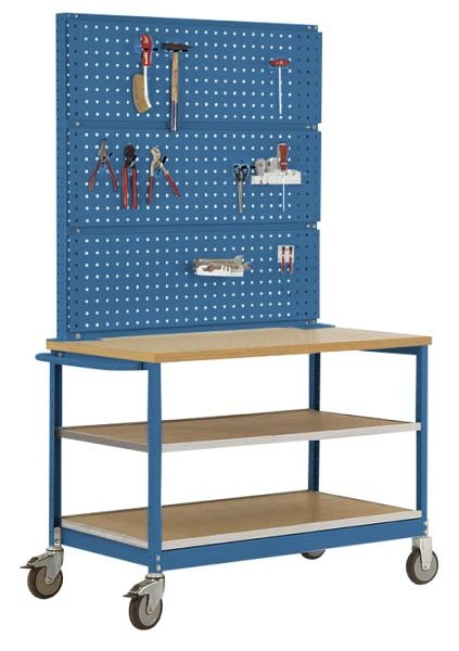Manuflex Mobile Werkbank Modell 3 mit geölter Multiplex-Abdeckplatte 30 mm BxTxH 1135 x 590 x 810 mm, brillantblau, MW2011.5007
