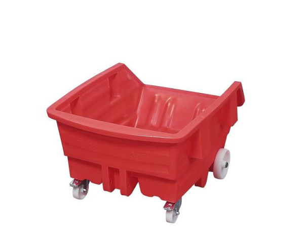 DENIOS Kippwagen aus Polyethylen (PE), mit Rollen, 1000 Liter Volumen, rot, 181686