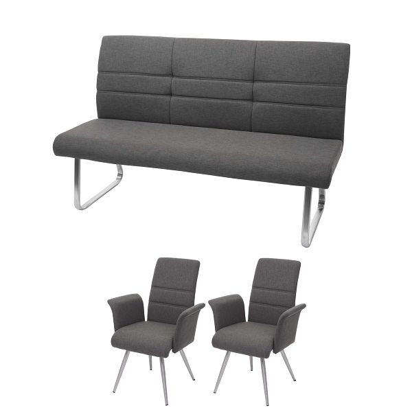 Mendler Set 2x Esszimmerstuhl+Sitzbank HWC-G55, Bank Küchenstuhl Stuhl+Armlehne, Stoff/Textil Edelstahl, grau-braun Bank 180cm, 73577+73578+71709