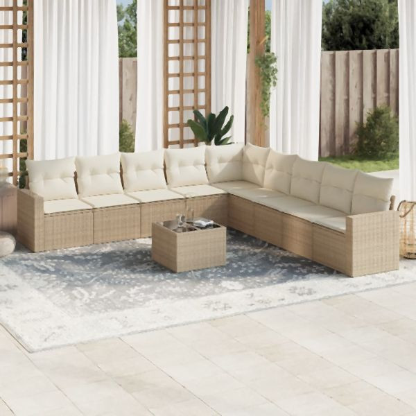vidaXL 10-tlg. Garten-Sofagarnitur mit Kissen Beige Poly Rattan, 3251435