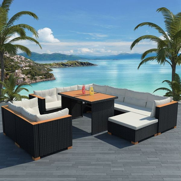 vidaXL 10-teilig Garten-Lounge-Set mit Auflagen Poly Rattan Schwarz, 42753