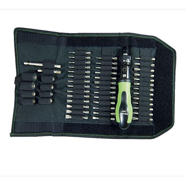 Haupa Knarrenschraubendreher-Set "Flex Bag", 40 Sicherheitsbits, 8 Nüsse, 2 Verlängerungen, reduzierter Schaft, robuste Nylontasche, 104020-1