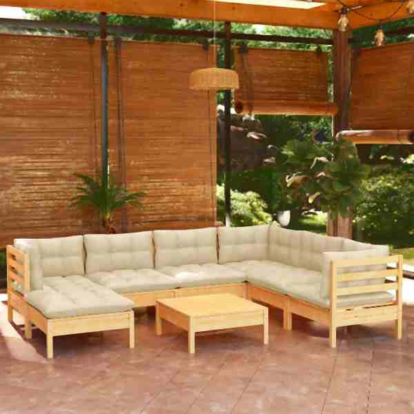 vidaXL 8-tlg. Garten-Lounge-Set mit Creme Kissen Massivholz Kiefer, 3096653