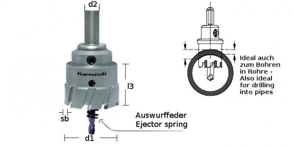 Karnasch Hartmetall-bestückte Lochsäge Power-Max 30 mit Schaft, Zentrierbohrer, Auswurffeder, Schnitttiefe 30mm, d=27mm, 201130027