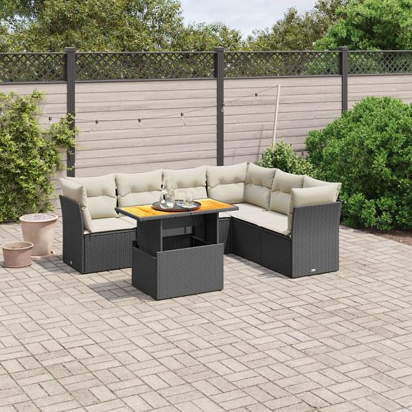 vidaXL 7-teilig Garten-Sofagarnitur mit Kissen Schwarz Poly Rattan, 3270846
