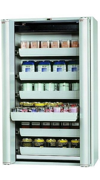 asecos Sicherheitsschrank S-PHOENIX touchless-90, S90.196.120.FDAO in lichtgrau RAL 7035 mit 6x Auszugswanne Standard (Stahlblech), 30120-001-30149