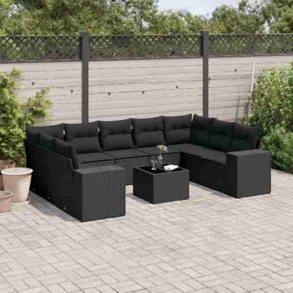 vidaXL 10-tlg. Garten-Sofagarnitur mit Kissen Schwarz Poly Rattan, UV-beständig, 3255342