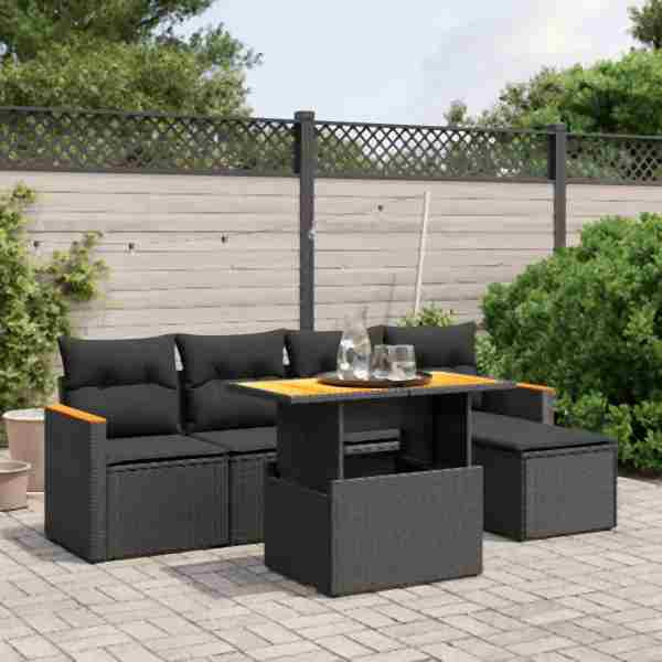 vidaXL 6-tlg. Garten-Sofagarnitur mit Kissen Schwarz Poly Rattan, UV-beständig, 3276030