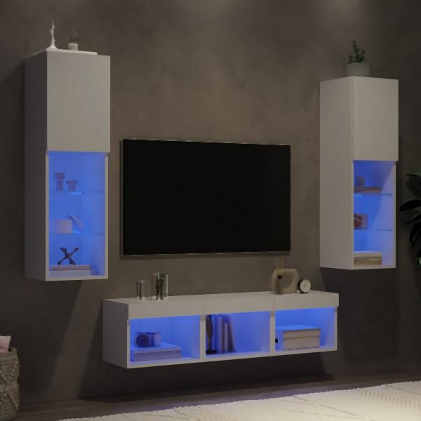 vidaXL 5-tlg. Wohnwand mit LED-Beleuchtung Weiß Holzwerkstoff, 3216604