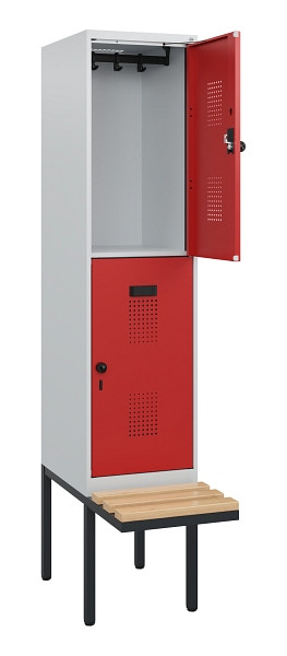 C+P Doppelstock-Spind Evolo PLUS, Bank, 2 Fächer, 1950x400x815mm, 7035/3000, Drehriegel, Sitzfläche Buche-Hartholz, 0493405-12 S10003