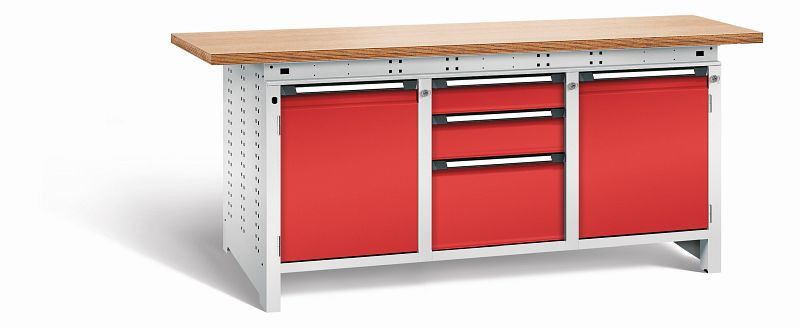 Otto Kind Werkbank Serie function Typ 310, Multiplexplatte 40 mm, überstehend, 2x Unterbau + mittleres Feld, Gehäuse RAL 7035, Front RAL 3000, 072365234