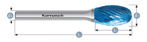 Karnasch Hartmetall-Frässtift Blue-Tec beschichtet TRE/ HP-1 d1=12DIN / l2=21 / d2=6 / l1=66mm, VE: 2 Stück, 115047037