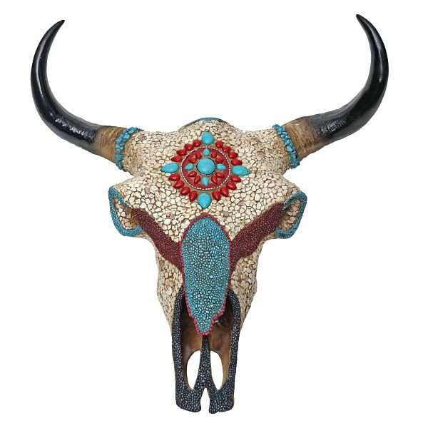 Mendler Deko Kuhschädel HWC-D31, Stierkopf Bulle Tierkopf Kuhkopf Trophäe mit Mosaik, Polyresin 51x50x25cm, 62700