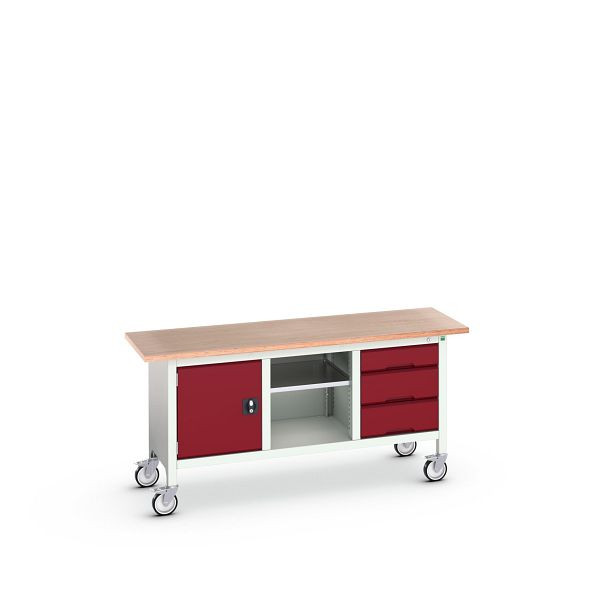 bott verso mobile Kastenwerkbank (Multiplex) 3 Schubladen, 1 Tür und 1 Ablageboden, BxTxH: 1750 x 600 x 830 mm, Lichtgrau / Purpurrot, 16923220.24