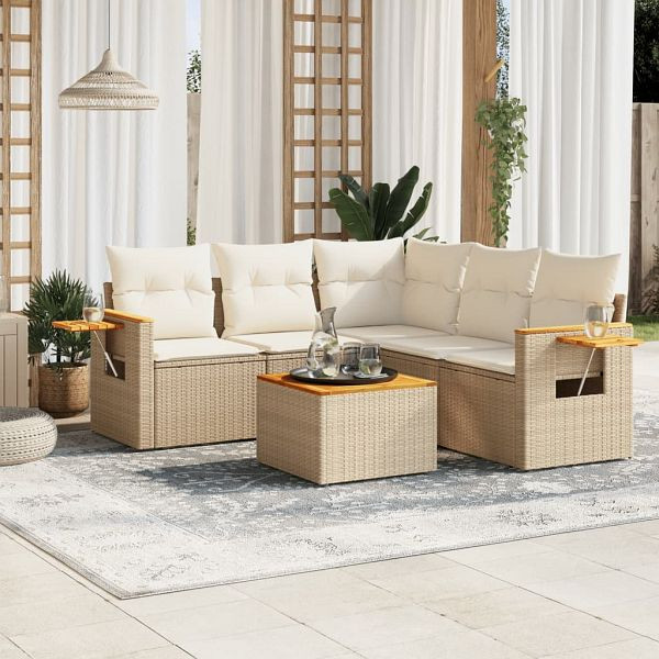 vidaXL 6-teilig Garten-Sofagarnitur mit Kissen Beige Poly Rattan, 3259209