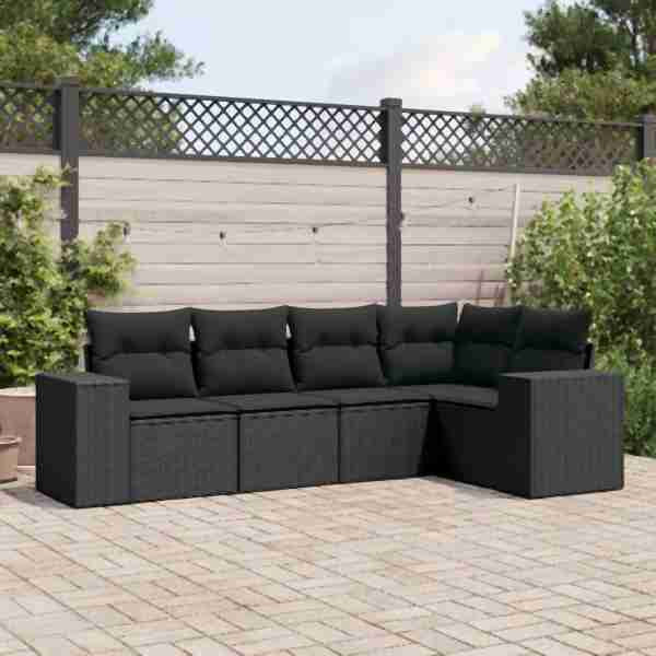 vidaXL 5-tlg. Garten-Sofagarnitur mit Kissen Schwarz Poly Rattan, UV-beständig, 3222524