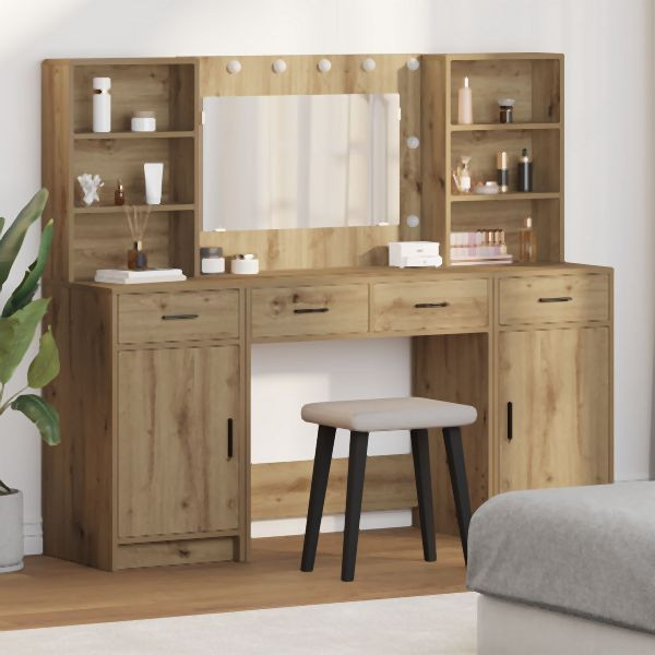 vidaXL 3-teiliges Schminktisch-Set aus Kunstleder mit Artisan-Eiche, 3334289