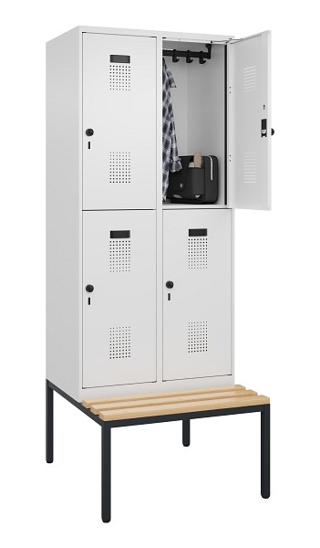 C+P Doppelstock-Spind Evolo PLUS, Bank, 4 Fächer, 2120x800x815mm, 9016/9016, Drehriegel, Sitzfläche Buche-Hartholz, Sitzbank, 0493507-22 S10020