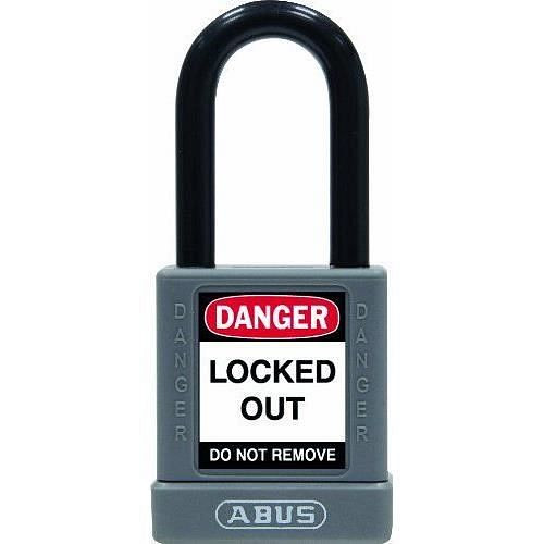 Abus Safety Schloss, 40 mm, Aluminiumkörper und Bügel kunststoffummantelt, mit Warnaufklebern 74/40 grau, VE: 6, 58979 9