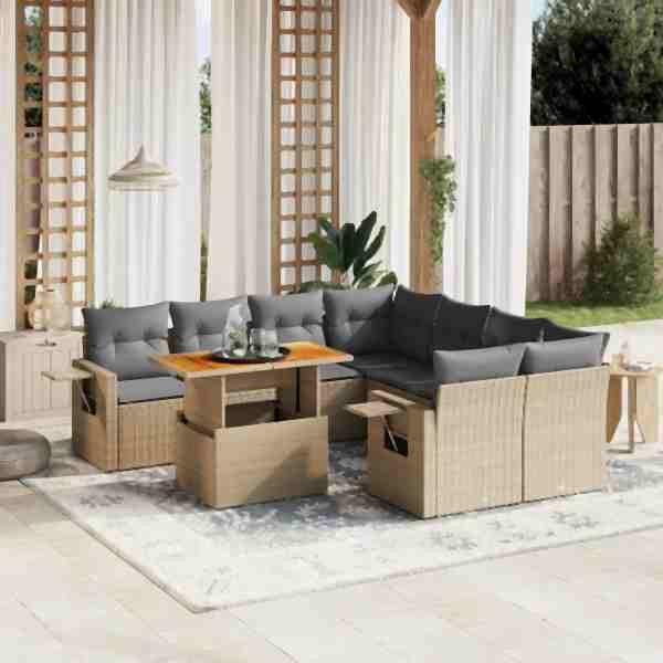 vidaXL 9-tlg. Garten-Sofagarnitur mit Kissen Beige Poly Rattan, UV-beständig, 3271682