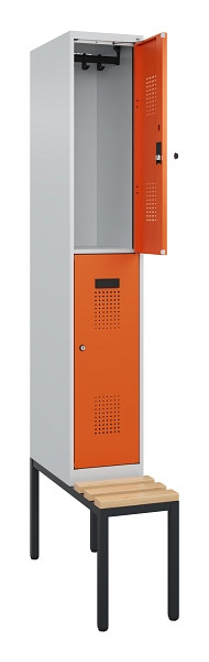C+P Doppelstock-Spind Evolo PLUS, Bank, 2 Fächer, 2120x300x815mm, 7035/2004, Zylinderschloss, Sitzfläche Buche-Hartholz, Sitzbank, 0493507-10 S10029