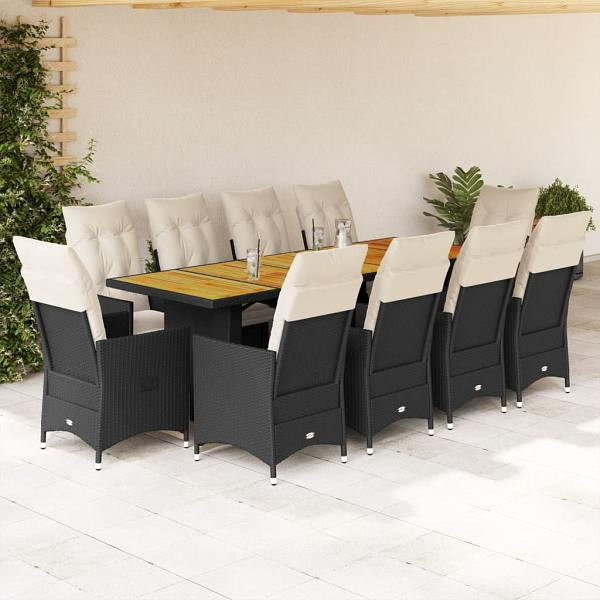 vidaXL 11-tlg. Garten-Bistro-Set mit Kissen Schwarz Poly Rattan, UV-beständig, 3277256