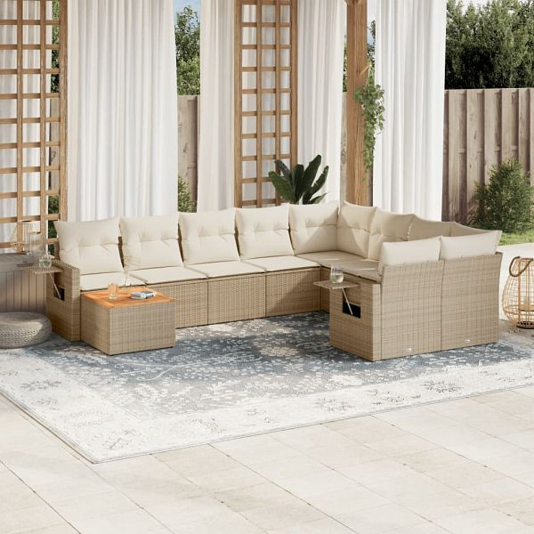 vidaXL 10-tlg. Garten-Sofagarnitur mit Kissen Beige Poly Rattan, 3224728