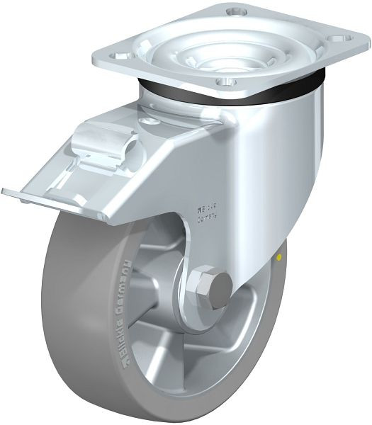Blickle LK-ALTH 125K-1-FI-AS Stahlblech-Lenkrolle, schwere Ausführung, mit Anschraubplatte & Feststeller, Blickle Extrathane®, Grau, 716134