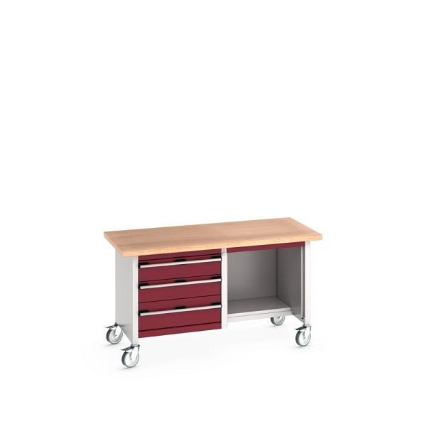 bott cubio Kastenwerkbank mobil 3 Schubladen, Multiplex-Arbeitsplatte, BxTxH: 1500x750x840mm, RAL 7035/3004, Purpurrot, 41002115.24V