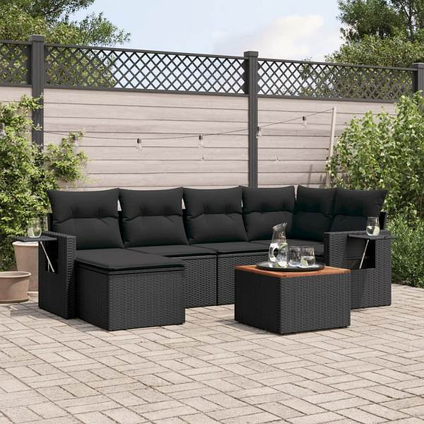 vidaXL 7-tlg. Garten-Sofagarnitur mit Kissen Schwarz Poly Rattan, UV-beständig, 3224662