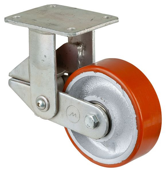 BS Rollen Gefederte Schwerlastrolle, Bockrolle, Breite 50 mm, Ø150 mm, bis 600 kg, Guss-Polyurethan 95 Shore A, Radkörper Guss, Kugellager, T110.C10.150