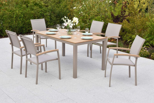 Merxx Piemont Set 7-teilig, 6 Stapelsessel, 1 Tisch 160 x 90 cm, Tischplatte aus Kunststoff in realistischer Holzoptik, champagner Gestell, 51102-305