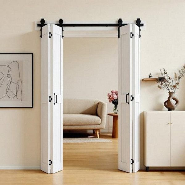 VEVOR Faltbare Schiebetür 1219x2134 mm MDF, inkl. Beschlagsatz, H-Rahmen, vormontierte Paneele, Weiß, für Schlafzimmer/Wohnzimmer, MZBXHX4884INENMFD001V0