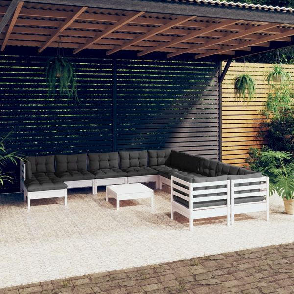 vidaXL 12-teilig Garten-Lounge-Set mit Kissen Weiß Kiefernholz, 3097062