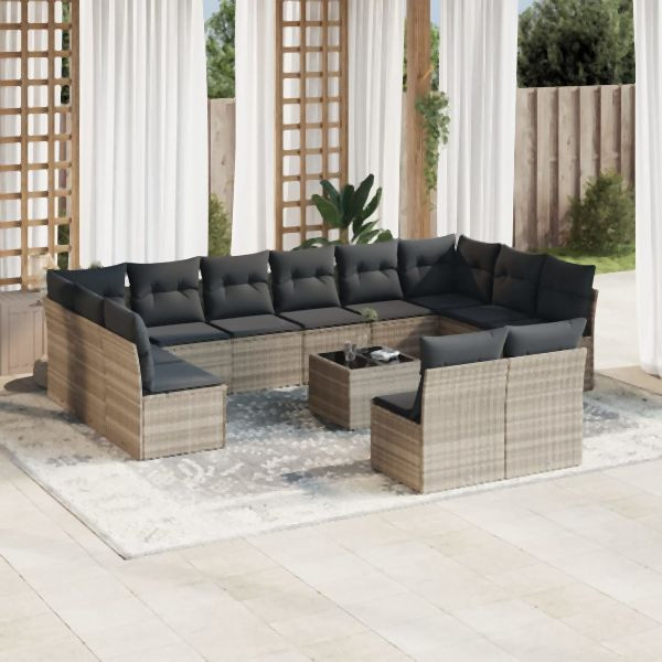 vidaXL 13-tlg. Garten-Sofagarnitur mit Kissen Hellgrau Poly Rattan, 3218382