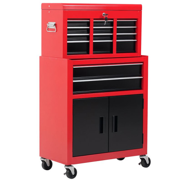 HOMCOM Werkzeugschrank mit Werkzeugkiste, rollbar, 6 Schubladen, Metall, Rot, E2-0007