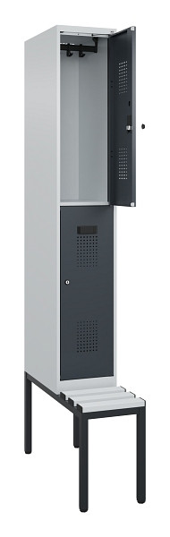 C+P Doppelstock-Spind Evolo PLUS, Bank, 2 Fächer, 2120x300x815mm, 7035/7016, Zylinderschloss, Sitzfläche Kunststoff, Sitzbank, 0493507-10 S10120