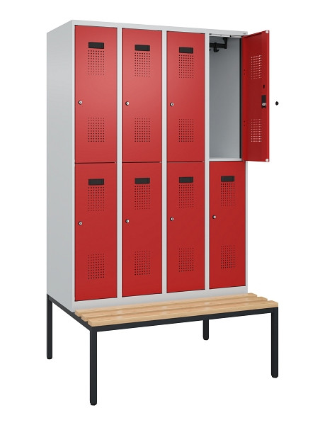 C+P Doppelstock-Spind Evolo PLUS, Bank, 8 Fächer, 2120x1200x815mm, 7035/3000, Zylinderschloss, Sitzfläche Buche-Hartholz, Sitzbank, 0493507-40 S10030