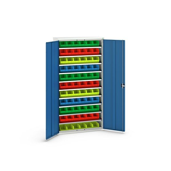 bott verso Magazinschrank, mit 10 Fachböden und 66 Sichtlagerkästen, BxTxH: 1050 x 350 x 2000 mm, Lichtgrau / Enzianblau, 16926501.11