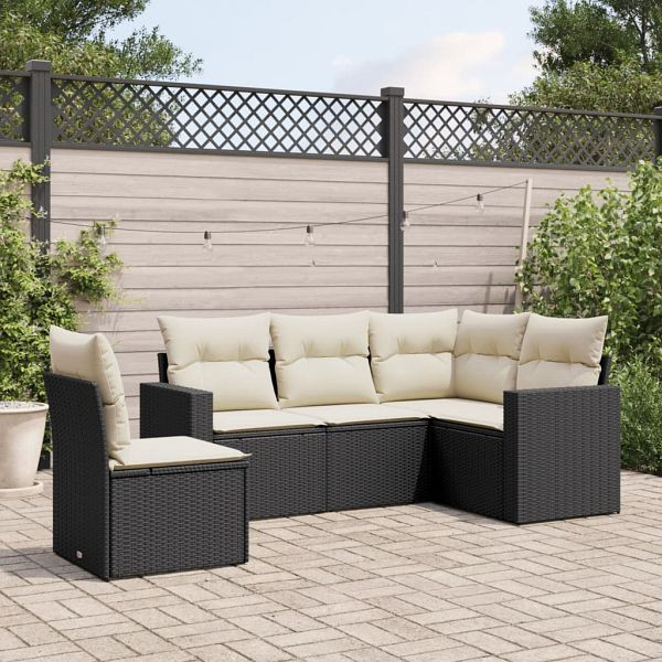 vidaXL 5-tlg. Garten-Sofagarnitur mit Kissen Schwarz Poly Rattan, 3251303