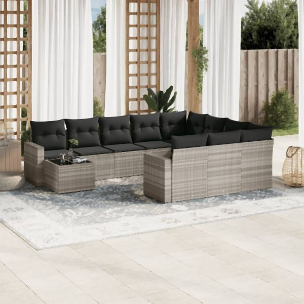 vidaXL 11-tlg. Garten-Sofagarnitur mit Kissen Hellgrau Poly Rattan, 3251869