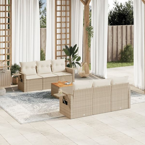 vidaXL 7-teilig Garten-Sofagarnitur mit Kissen Beige Poly Rattan, 3224455