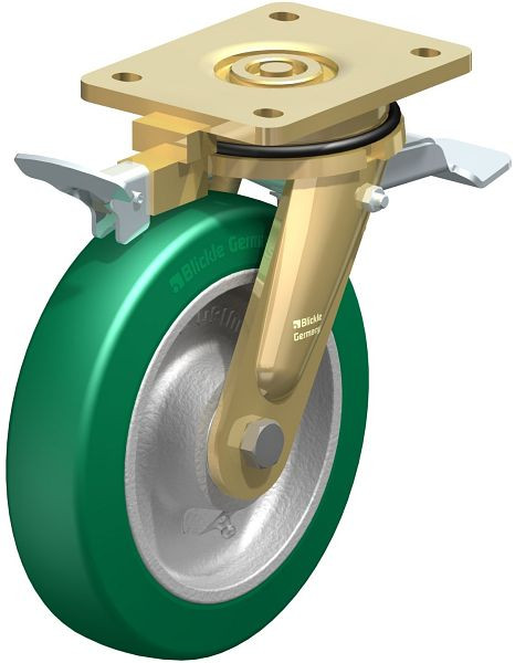 Blickle LS-GST 200K-ST-RI4 Stahlgeschweißte Schwerlast-Lenkrolle, schwere Drehkranz-Ausführung mit Feststeller, Blickle Softhane®, Grün, 852427