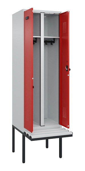C+P Schwarz-Weiß-Spind Evolo PLUS, Bank, 2 Abteile, 2120x600x815mm, 7035/3020, Drehriegel, Material Sitzfläche Kunststoff, 0490427-20 S10059