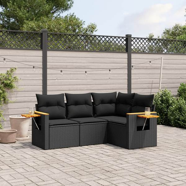 vidaXL 4-tlg. Garten-Sofagarnitur mit Kissen Schwarz Poly Rattan, UV-beständig, 3226769