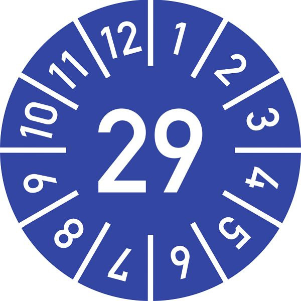 Moedel Prüfplakette Jahr 29 mit Monaten, blau, Folie, Ø 10 mm, VE: 10 Stück/Bogen, 108060
