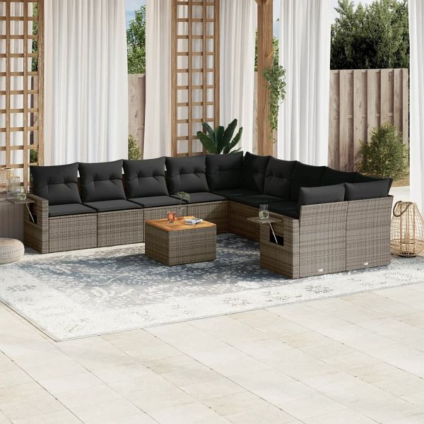 vidaXL 11-teilig Garten-Sofagarnitur mit Kissen Grau Poly Rattan, 3224758