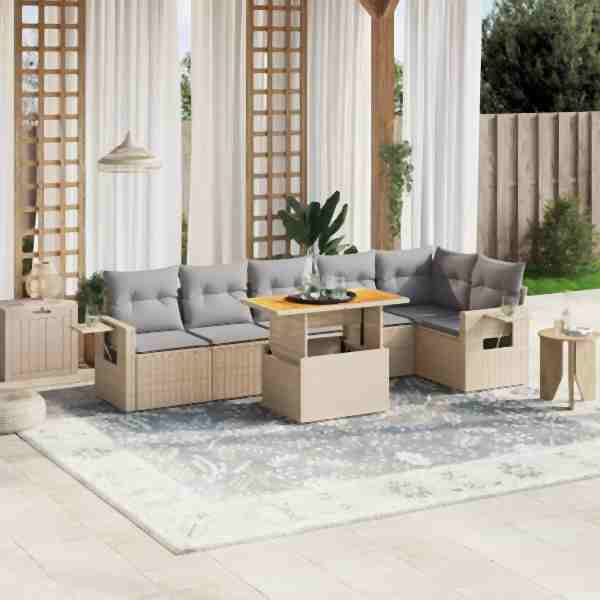 vidaXL 7-tlg. Garten-Sofagarnitur mit Kissen Beige Poly Rattan, UV-beständig, 3271766