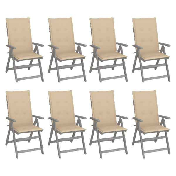 vidaXL Verstellbare Gartenstühle mit Auflagen 8 Stück Grau Akazienholz, 3075144