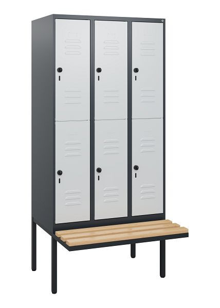 C+P Doppelstöckiger Spind Classic PLUS, 3 Abteile, 1950x900x815mm, 7016/7035, Drehriegel, Sitzleisten aus Buche, schwebende Sitzfläche, 0803405-30 S10013